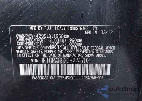 2012 Subaru Impreza 2.0I Limited z USA, uszkodzony, nr VIN JF1GPAG62CH224702